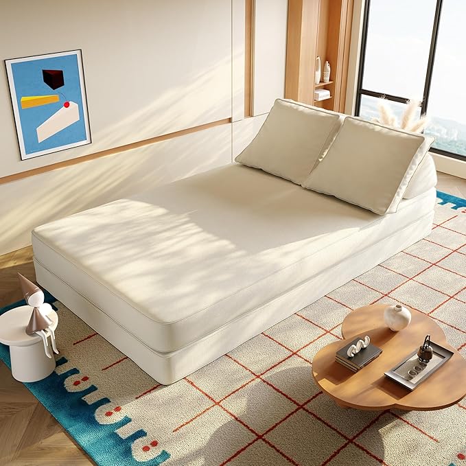 Convertible Sleeper Sofa Bed Floor Sofa,86.6" King Size Folding Mattress Couch with Pillow,Upholstered Boneless Cloud Couch for Apartment Living Room Bedroom (Beige)