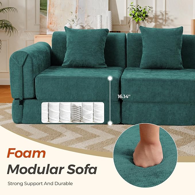 100" Oversized Convertible Sleeper Sofa Bed, Modular Sectional Cloud Sofa with Fixed-Shape Frame & Tabletop, Boneless Couch with Storage Pocket for Living Room, No Assembly Required, Green