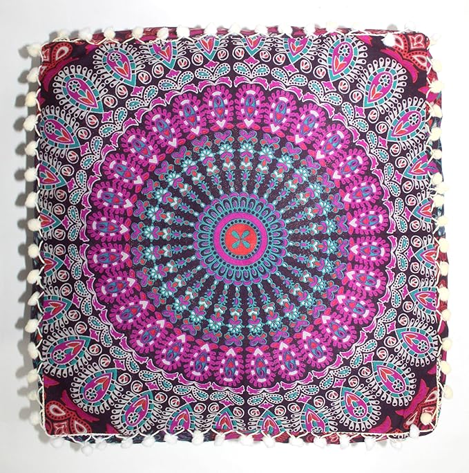 CRAFT KALA Pink Peacock Large Hippie Mandala Meditation Floor Ottoman Pillow Cushion Pouf Cover Square Poufs Bohemian Circle Floor Cushion Case Outdoor Fireplace Living Room Decor Cover 16" Square