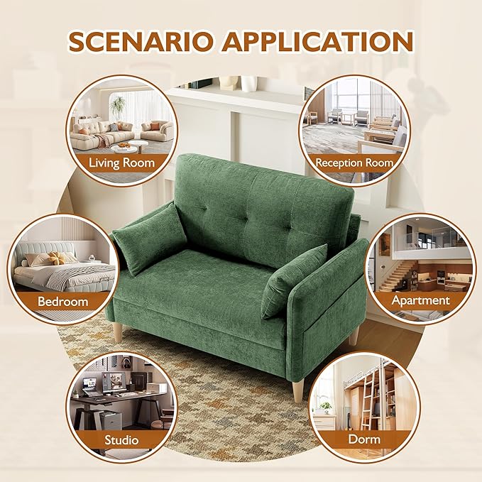 47" Small Sofa Couch for Bedroom, Soft Chenille loveseat Mini Couch with Throw Pillow and Removable Cushion Cover for Small Spaces, Living Room, Apartment, Dorm, Office(Green)