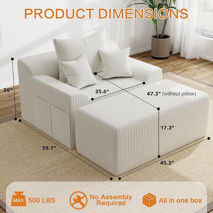 LSSBOUGHT 60'' Chaise Lounge Chair Indoor, Oversized Upholstered Sofa Bed, Sleeper Couch Reading Chairs Plush Corduroy Fabric Sofas Couches for Living Room (Beige)