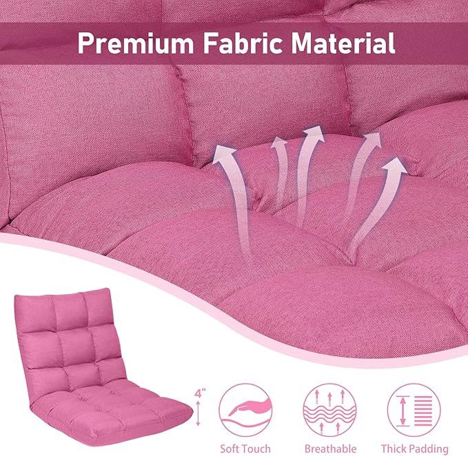 COSTWAY Floor Chair, Folding Gaming Chair with Back Support, 14 Adjustable Positions, Alloy Steel Frame, Lazy Sofa Lounge for Playing Reading Meditating Room Recliner for Adults, Kids (Pink)