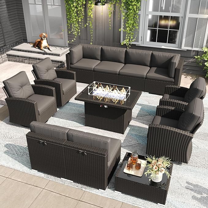 LayinSun 12 Pieces Patio Furniture Set with Fire Pit Table, Black Rattan Modular Sectional Outdoor Conversation Sofa Set, Swivel Rocking Chairs Set