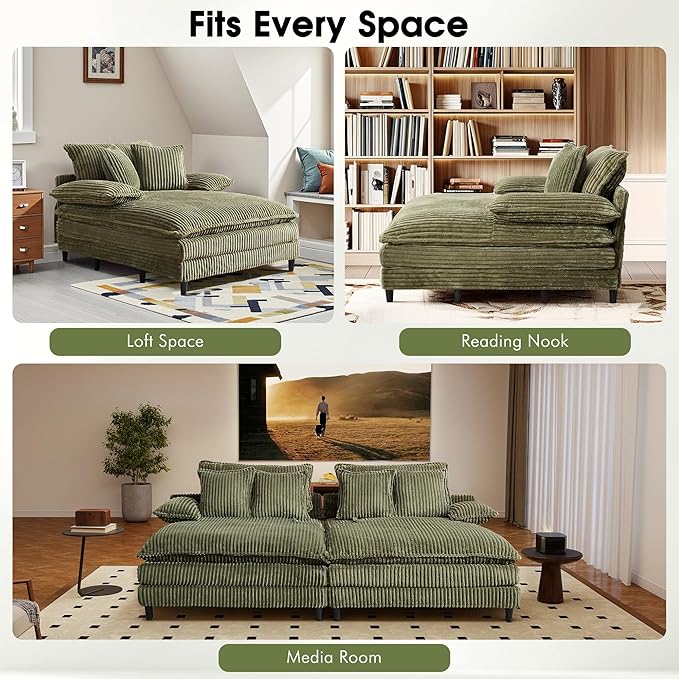54.8" W Oversized Chaise Lounge Chair Indoor with 5-Position Adjustable Backrest, Corduroy Sleeper Sofa Bed with 3 Pillows, Modern Cloud Couch Chair for Living Room, Bedroom, Green