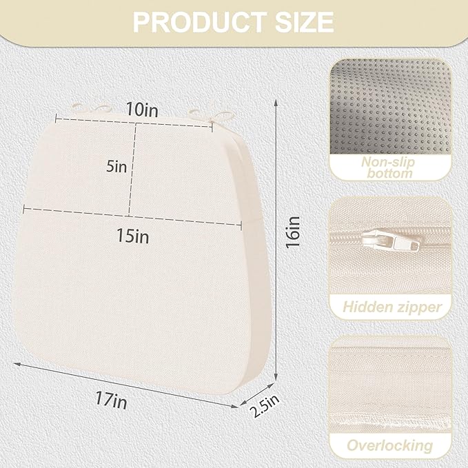 17'' x 16'' x 2.5"Thick Chair Cushions for Dining Chairs, 8 Pack WaterProof Easy Clean Kitchen Chair Pads with Ties and Non-Slip Backing - 30D High Elastic Foam Soft Kitchen Chair Cushions