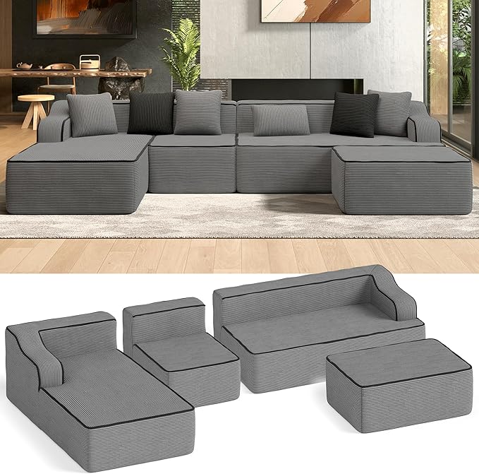 HERA'S HOUSE 134" Cloud Sectional Couch, U-Shaped Modular Upholstered Sofa with Ottoman, Corduroy Boneless Couches with Wide Armrest and 6 Throw Pillows for Living Room, No Assembly Required, Grey