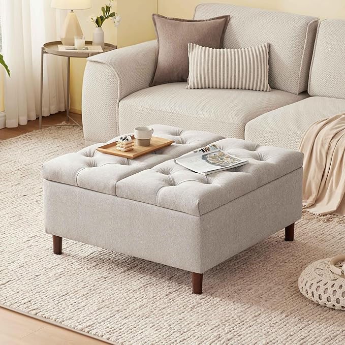 35 Inch Extra Large Storage Ottoman Coffee Table, No Assembly Required, Oversized Square Ottoman with Storage, Tufted Upholstered Ottomans Coffee Table for Living Room (Fabric, Light Grey)