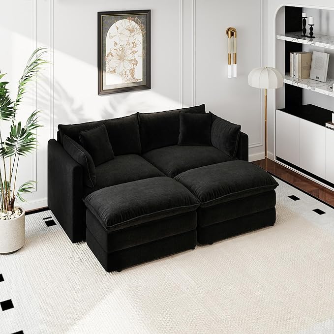 Aoowow Modular Sectional Sofa Modern Convertible Loveseat Couch,77.16 Inch Deep 2-Seater Sofas Comfy Chenille Cloud Sofas and Couches Set with 2 Movable Ottoman for Living Room Apartment（Black）