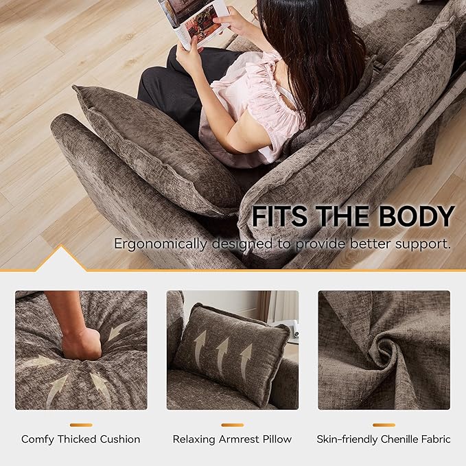 113'' V Shaped Cloud Sectional Sofa, Oversized Deep Seat Couches for Living Room, Chenille Comfy Upholstered Modular Sectional Sofa Couch with 2 Movable Ottoman, Brown