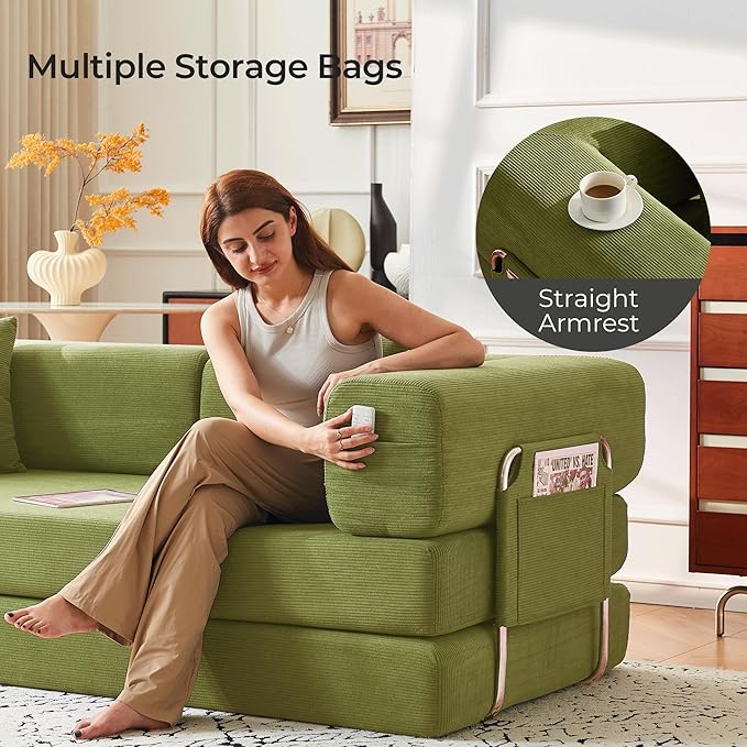 79" Convertible Sofa Bed with Pillows, Corduroy Folding Sleeper Sofa with Fixed-Shape Frame, Boneless Couch for Living Room Bedroom, Floor Sofa Lounge No Assembly Required (A - Style - Olive Green)