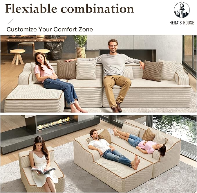 HERA'S HOUSE 134" Cloud Sectional Couch, L-Shaped Modular Upholstered Sofa with Ottoman, Corduroy Boneless Couches with Wide Armrest and 5 Throw Pillows for Living Room, No Assembly Required, Beige