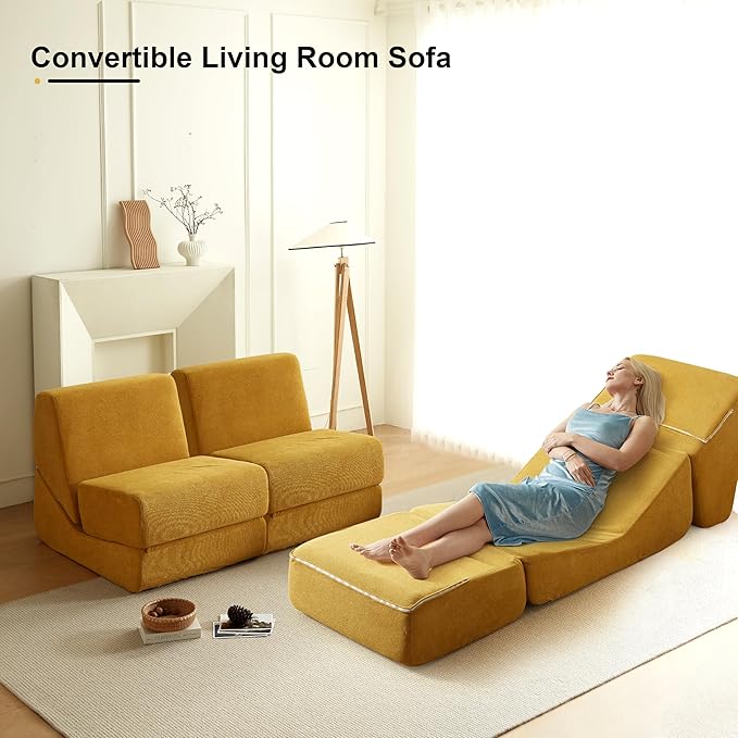 Swbvs Folding Sofa Bed, Single Chair Lounger with Back Support, Multi-Functional Floor Sofa for Living Room, Bedroom, or Small Spaces, Yellow Corduroy Fabric, Compact & Comfortable Design