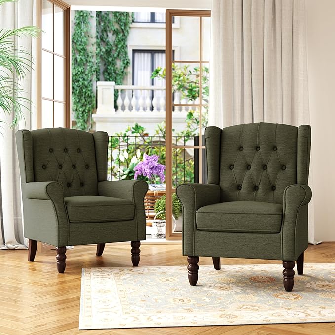 DREAMSIDEA Accent Chair, Upholstered Armchair with Button Tufted High Back & Solid Wood Legs, Comfy Wingback Reading Single Sofa Chair for Small Spaces, Living Room, Bedroom (Green, Set of 2)