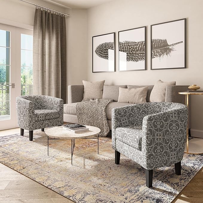 BELLEZE Accent Barrel Chair Set of 2, Linen Round Chair Club Tub Sofa Corner Chair with Flared Legs and Cozy Soft Padding for Living Room Bedroom Waiting Room - White & Gray