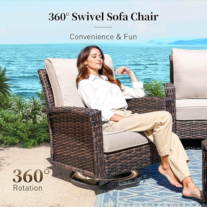 SUNSHINE VALLEY 5 Pieces Patio Furniture Set with Swivel Chairs, High Back Wicker Rattan Sofa with Extra Thick Cushion and Ottoman, Outdoor Conversation Set for Garden Backyard Deck,Beige