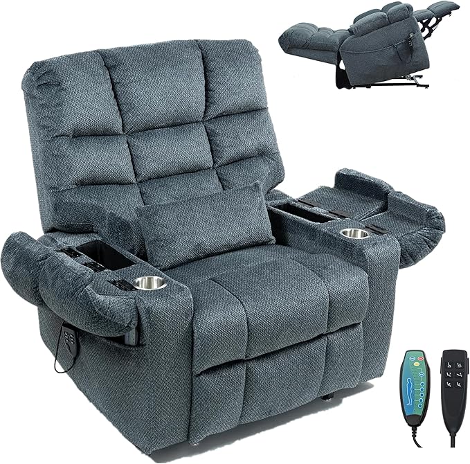 Lift Recliner Chairs with Heat and Massage for Elderly, Zero Gravity, Big Man Recliners 400lbs, Triple Motor, Power Lift Recliner Chair with Storage Cup Holders for Adults, Sleeping, Blue