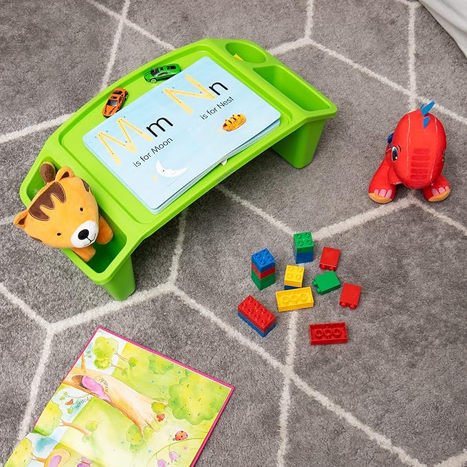 Mind Reader Kids Lap Desk, Portable Activity Tray with Side Storage, Stackable Plastic Desk for Drawing, Snacks, Study, Set of 2, Green
