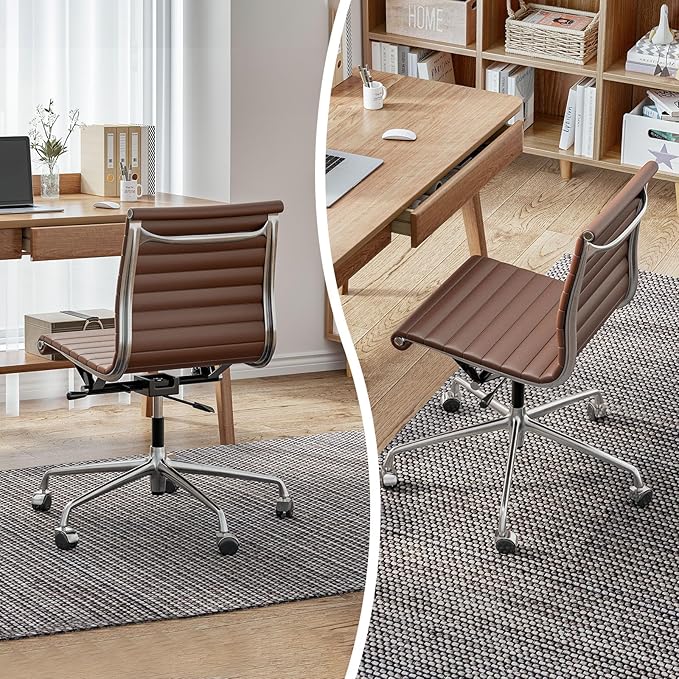 OTDMEL Armless Ribbed Office Desk Chair with Top Grain Leather, Mid Back Ergonomic Swivel Room Chair, Adjustable Height 5-Star Base, Brown