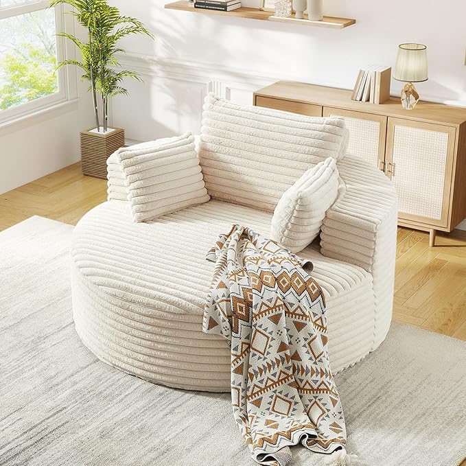 JEEOHEY Modern Round Accent Sofa Chair for Living Room, Upholstered Corduroy Barrel Lounge Arm Chair with Large seat&Throw Pillows for Bedroom, Office, Apartment, Beige