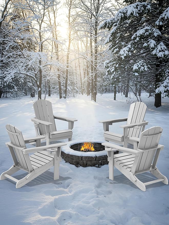KINGYES Folding Adirondack Chair Set of 2, Dual Cup Holders & All-Weather HDPE, Wood-Like Patio Chair for Backyard, Camping, Pool & Fire Pit, Silver Grey