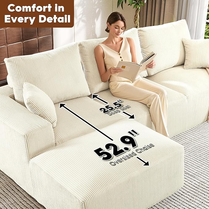 WESTSETLUX 108” Cloud Sectional Sofa Couch with High-Seat, Corduroy Modular Sofa with Oversized Chaise, High-Back Modern L-Shaped Couches for Living Room, No Assembly Required (White)