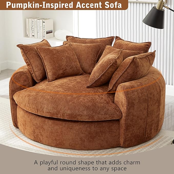 LUMISOL Boneless Couch with 8 Throw Pillows, Full-Compressed, 59.8" Upholstered Single Cloud Sofa Chair, Round Chaise Sofa for Living Room Apartment Office Small Space, Orange