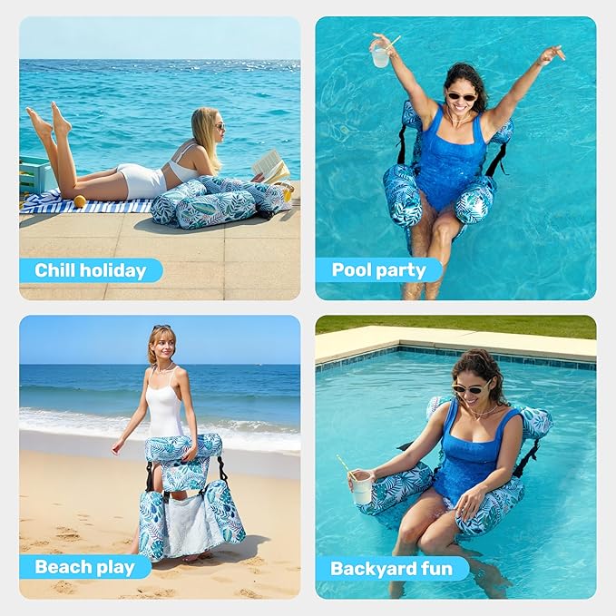 SLOOSH Pool Floats Chairs Adult,Inflatable Pool Lounge,Plant Pattern Floating Mat Hammock,Blow up Water Chairs Noodles rafts for Party Summer Water Beach Fun