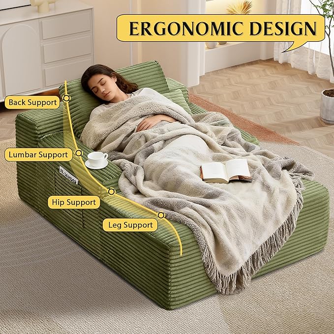 POINTANT 49”W Chaise Lounge Indoor, Oversized Couch Chair with 3 Throw Pillows, Corduroy Upholstered Boneless Sofa Bed,Lazy Bed Sleeper Reading Chairs for Living Room Apartment, No Assembly (Green)