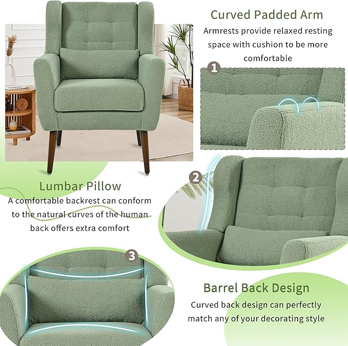 QKFF Accent Chair Set of 2, Upholstered Armchair with Pillow, Teddy Single Sofa Chair with Lounge Seat and Wood Legs for Living Room Small Spaces