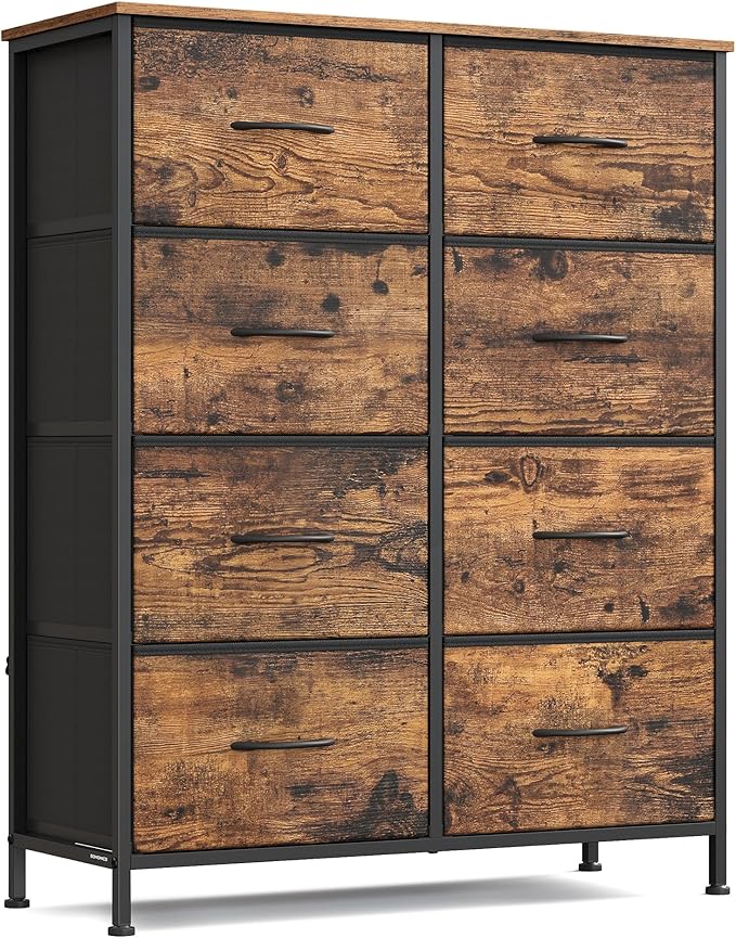 SONGMICS Dresser for Bedroom, Chest of Drawers, Steel, MDF, 8 Non-Woven Fabric Drawers, Storage Organizer Unit, Closet, Entryway, Rustic Brown and Ink Black ULGS124B02S
