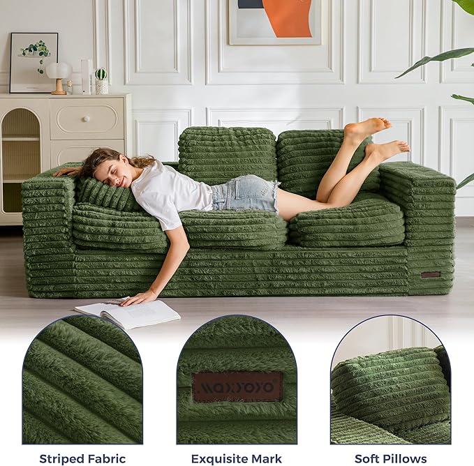MAXYOYO 3-Seater Boneless Sofa Couch, Modern Faux Fur Sofa for Living Room, Soft Bean Bag Chair High-Density Foam Couch with Pillows, No Assembly Required