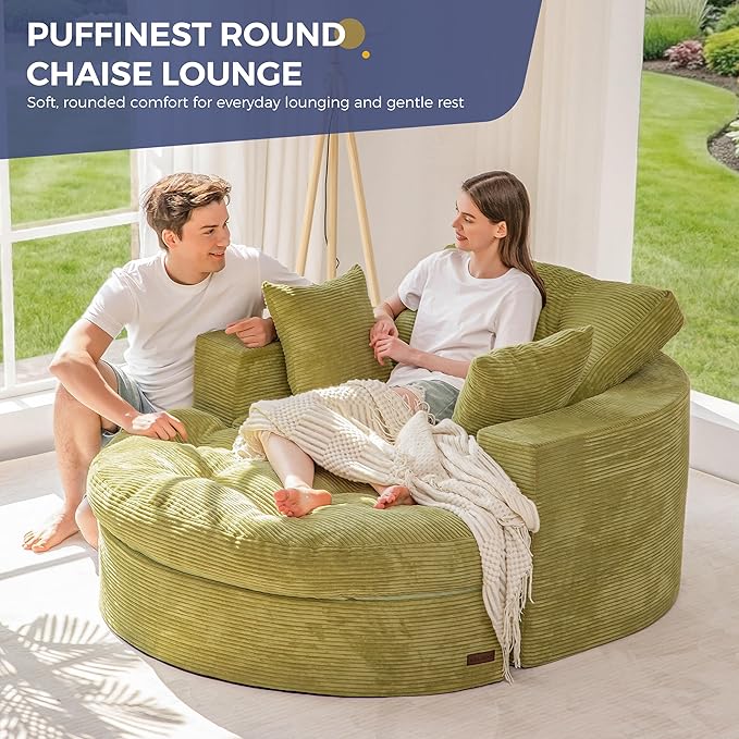MAXYOYO Modular Sectional Chaise Lounge Sofa, 2 Sets Upholstered Lounge Chair with Ottoman, Comfy Round+ Square Couch with Layered Cushion, Tufted Sleeper Chair for Living Room, No Assembly, Green