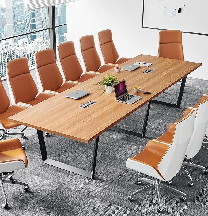 ahliss Sturdy Conference Table with Cable Management Grommets Modern Rectangle Office Meeting Table with Wood Tabletop and Metal Frame & Legs- Easy Assembly Boardroom Table (Natural, 12 Foot)