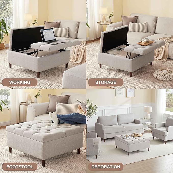 35 Inch Extra Large Storage Ottoman Coffee Table, No Assembly Required, Oversized Square Ottoman with Storage, Tufted Upholstered Ottomans Coffee Table for Living Room (Fabric, Light Grey)