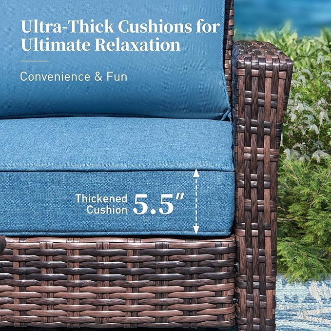 SUNSHINE VALLEY Patio Furniture Set with Swivel Chairs, High Back Wicker Rattan Furniture with 5.5" Thick Cushions and Coffee Table, Outdoor Conversation Set for Backyard Deck,5 Seats, Blue