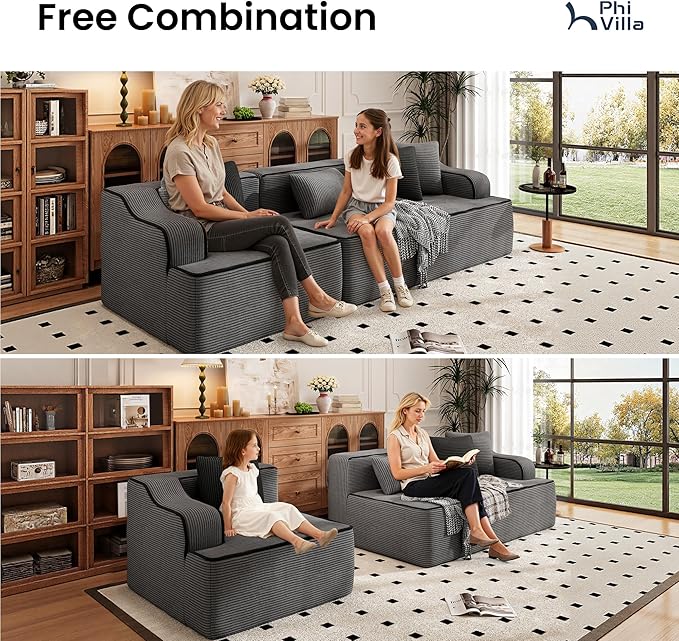 PHI VILLA Cloud Modular Couches, 105" Boneless Sectional Sofa with Deep Seat, 3-Seater Couch for Apartment Living Room Small Spaces, No Assembly Required, Corduroy, Grey