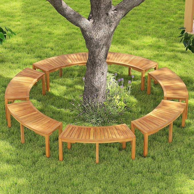 Tangkula Outdoor Curved Bench, Acacia Wood Fire Pit Bench w/Slatted Seat, Patio Backless 2-Person Seating for Porch, Yard, Garden, 800 LBS Max Load, Oil Painted (7, 45")