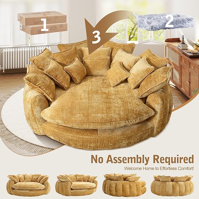 82'' Oversized Upholstered Sofa Bed, Round Chaise Lounge Chair Indoor, Modern Chenille Boneless Couch, No Assembly Required, Plush Sleeper Chair with 14 Pillows for Living Room, Yellow