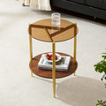 Pine Flicker Round End Table, Mid-Century Modern Design, D20*H23 inch, for Living Room, 2-Tier Structure, Amber Glass Top and Walnut MDF Shelf, Sleek Conical Metal Legs with Gold Finish