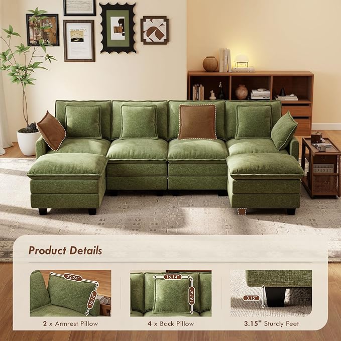 Ihanherry 106" U-Shaped Modern Sofa Modular Sectional Cloud Couch 6-Seat Chenille Seat Sofa with Ottoman for Living Room, Bedroom and Apartment, Green