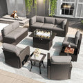 LayinSun 11 Pieces Patio Furniture Set with Fire Pit Table, Black Rattan Modular Sectional Outdoor Conversation Sofa Set, Swivel Rocking Chairs Set