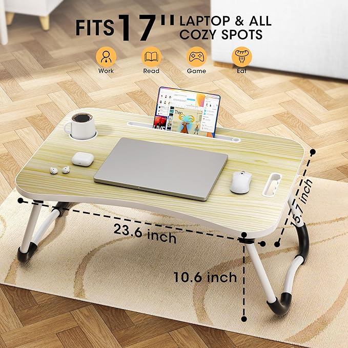Folding Lap Desk, 23.6 Inch Wood Laptop Bed Desk with Cup Holder, Portable Bed Table for Working Writing Reading & Eating for Bed, Sofa, Couch, Floor - White