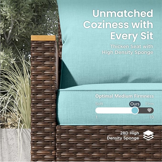 PHI VILLA 7-Piece Wicker Patio Furniture Set, Outdoor Half-Moon Curved Sectional Sofa with Thick Aqua Blue Cushions, 4 Ottomans, Large Conversation Seating for Garden or Backyard