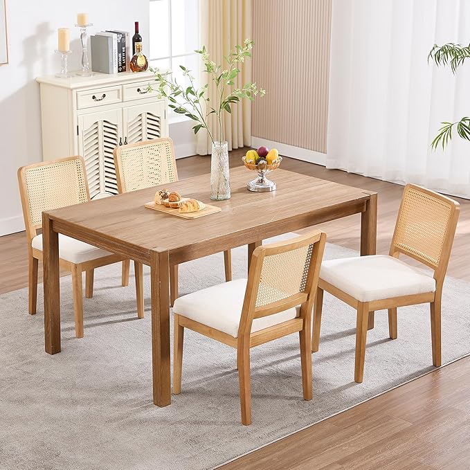 Wahson Mid Century Modern Dining Chairs Set of 2, French Country Modern Style, Rectangle Cane Upholstered Kitchen Chairs with Natural Wooden Legs, White Chenille