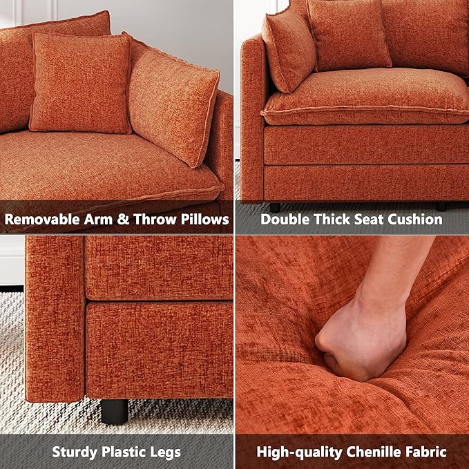 Aoowow Modular Sectional Sofa Modern Convertible L Shaped Couch,111.5 Inch Deep 3-Seater Sofas Set Comfy Chenille Cloud Sofas and Couches with Movable Ottoman for Living Room Apartment(Orange)