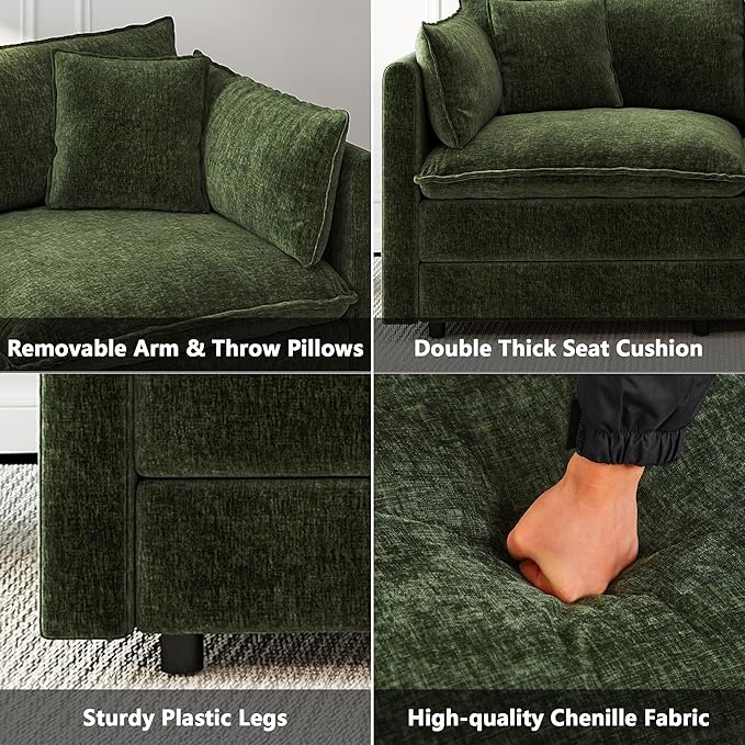 Aoowow Modular Sectional Sofa Modern Convertible Loveseat Couch,77.16 Inch Deep 2-Seater Sofas Comfy Chenille Cloud Sofas and Couches with Pillows for Living Room Apartment（Green）