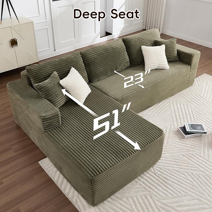 Opiesit 108" Boneless Couches for Living Room, Modular Sectional Sofa with Oversized Chaise, L-Shape Cloud Couch with Deep Seat, High-Density Memory Foam, No Assembly Required, Plush Corduroy Green