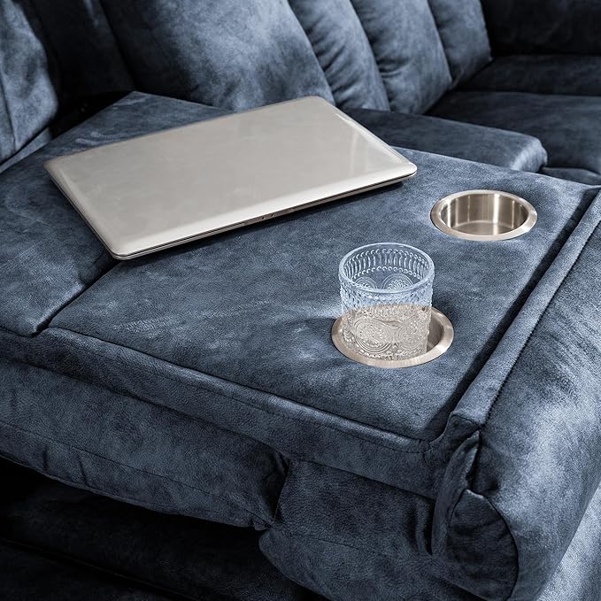 Power Reclining Sofa with Massage & Heat, USB & Type-C Ports, Drop-Down Tray Table, Cup Holders, Storage Pockets, Power Reclining Couch/Reclining Sofa 3 Seat, for Living Room, RV，Media Room 82" Blue