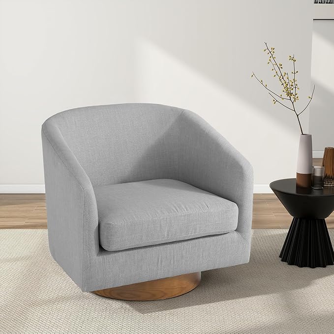 Swivel Barrel Chair, Modern Round PU Leather Accent Armchair for Living Room, Bedroom, Oversized Comfy Club Reading Chairs for Adults (Fabric Light Grey, Set of 2)