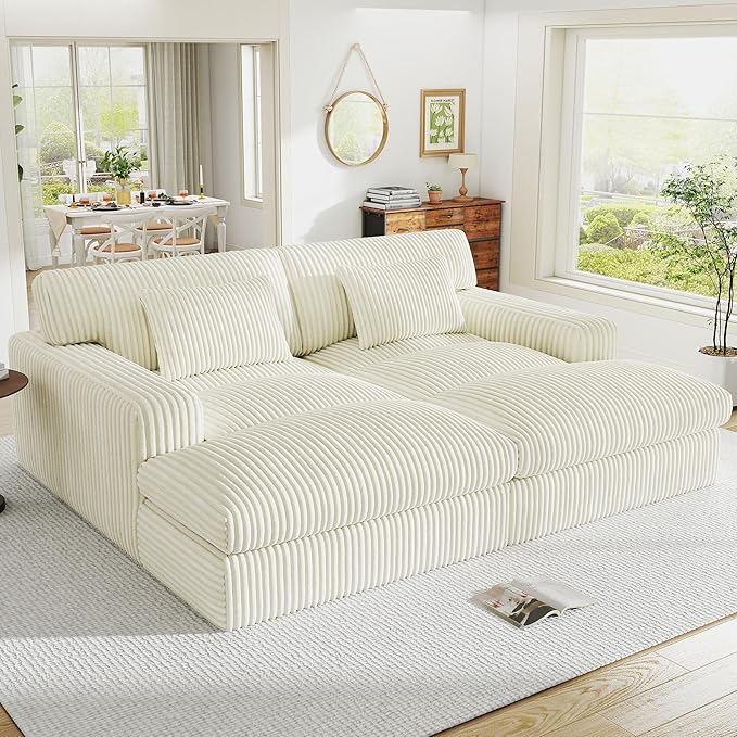 83" Oversized Chaise Lounge Sofa Chair Indoor，Soft Corduroy Fabric, Boneless sofawith Cushion，A Comfortable, deep-Seated Cloud Sofa for use in The Living Room.(2-Seater-White)